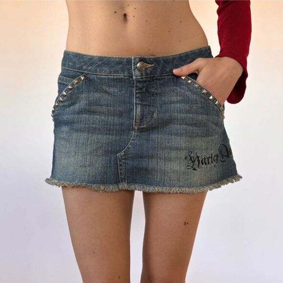 Harley Davidson Studded Denim Mini Size 16 - Picture 1 of 11